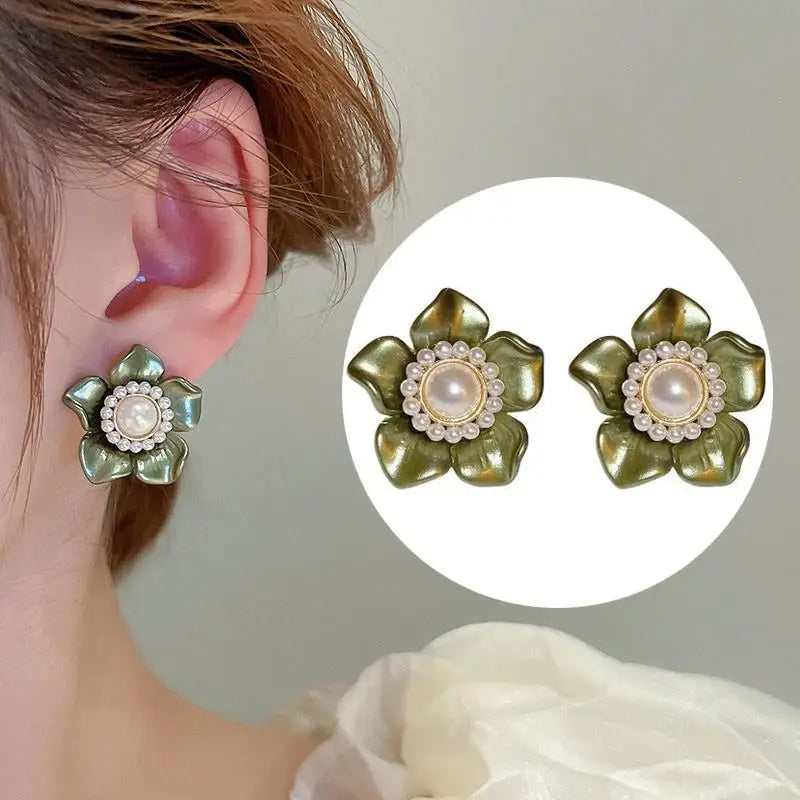 925 Silver Needle Korean Vintage Oil Painting Pearl Flower Earrings For Women Jewelry 2024 Trending New Luxury Women's Earrings
