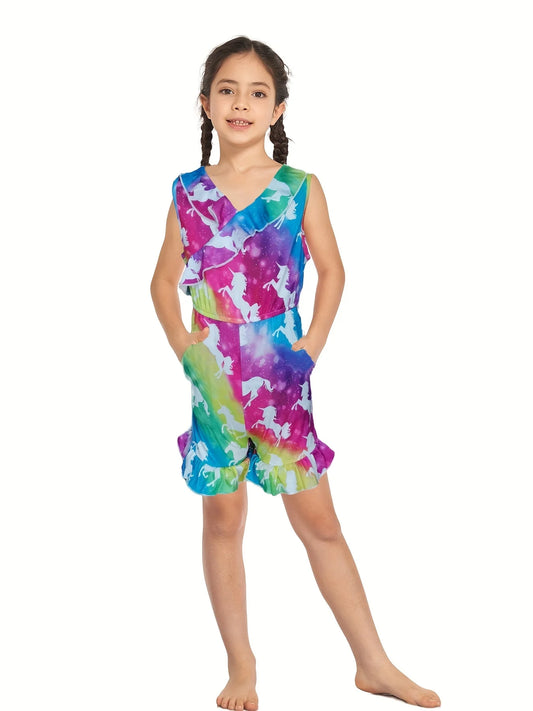 Niedlicher Pullover mit Blumendruck für Mädchen mit Taschen, Einhorn-Rüschen, lässige Alltagskleidung 