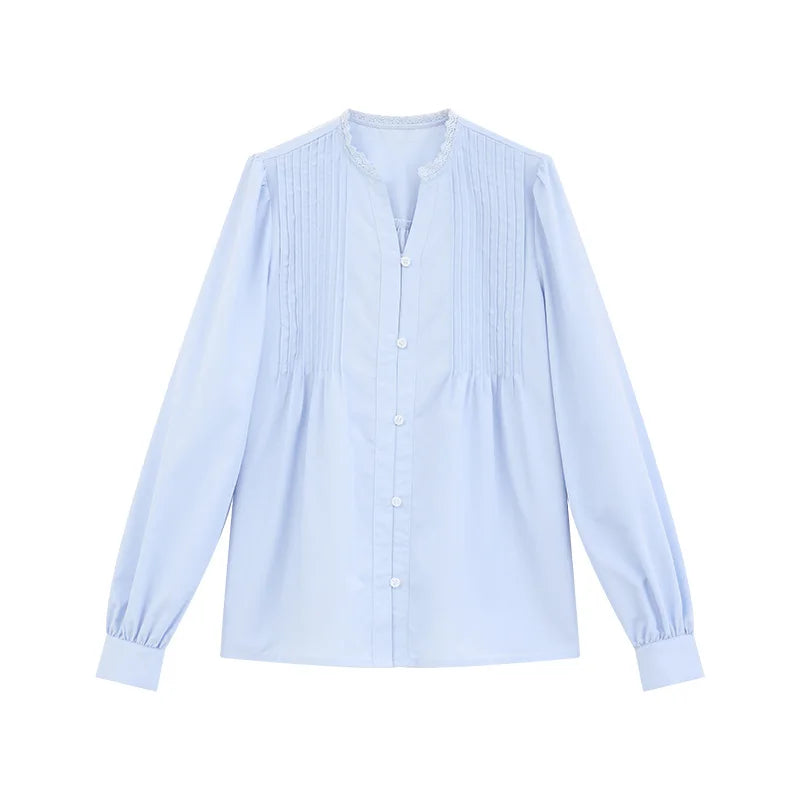 White Lantern Sleeve Blouse Women Spring Fall French V-Neck Long Sleeve Elegant Petite Office Shirt Stylish Casual Chic Top clothes