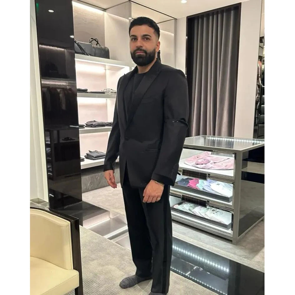 Fashion Black Men Suits 2 Pieces Peaked Lapel Slim Fit Casual Overcoat Formal Business Daily Tailored Set