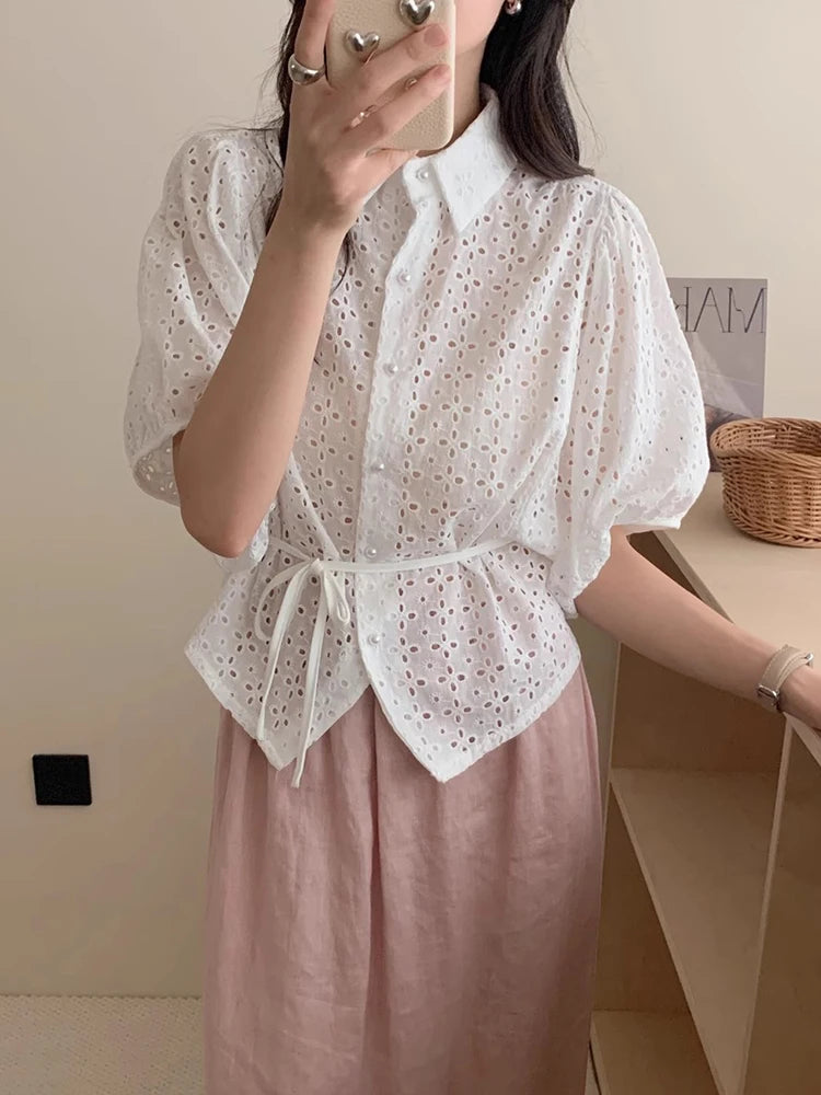 Korejpaa Korean Fashion Woman Shirt Vintage Clothes 2025 Spring Turn-down Collar Hollow Out Embroidery Jacquard White Shirts