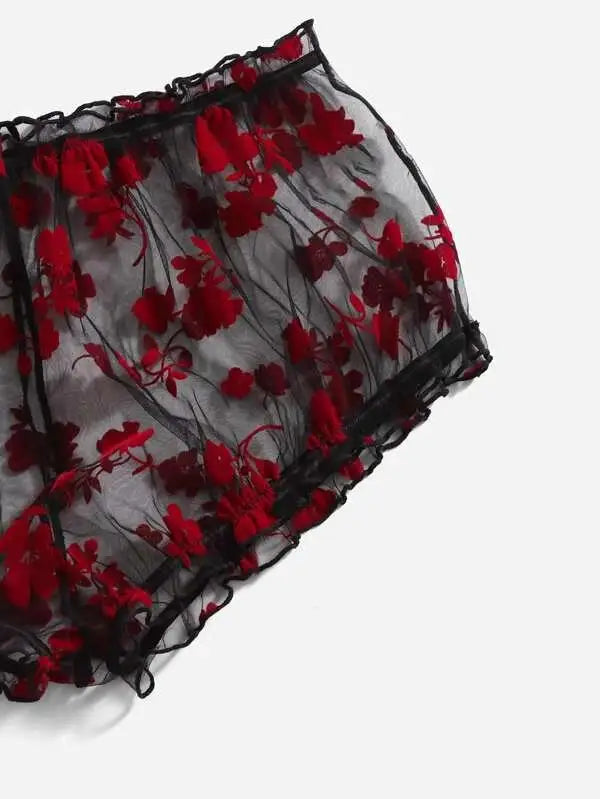 Plus Floral Pattern Sheer Mesh Lingerie Set & Choker