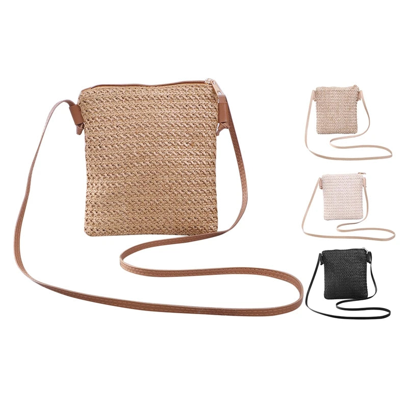 Straw Plait Small Square Bags One Shoulder Slanted Cross Bag Handbag Coin Purses Casual Holiday Beach Bag