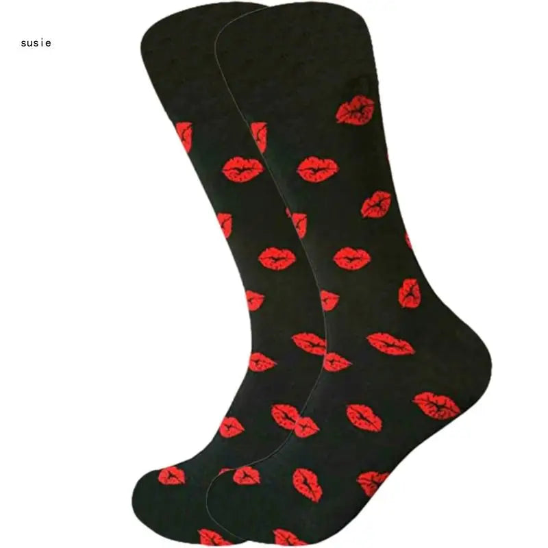 Cotton Middle Calf Socks for Him and Her Heart Lips Pattern for Valentines Day X7YA