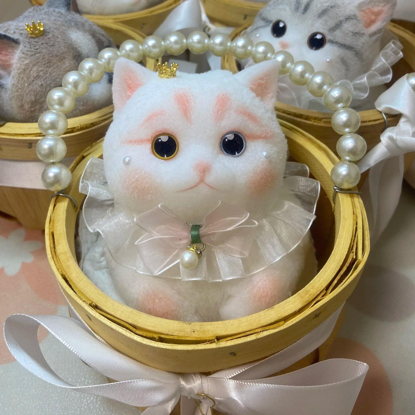 17cm Simulation Silicone Cat Soft Rebound Handmade Toy with Bamboo Basket Bionic Kitten Birthday Gifts Ornament