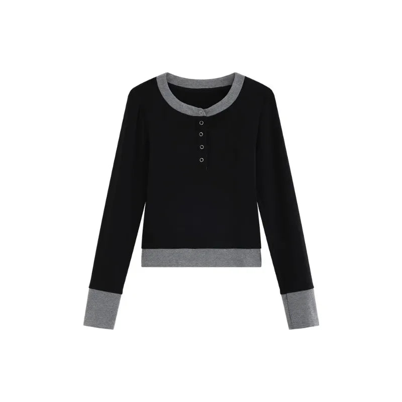 Winter Women Slim Fit Fake Two-Piece Design Long Sleeve T-Shirt Short Cropped Base Top Elegant Petite Style Casual Inner Wear clothes