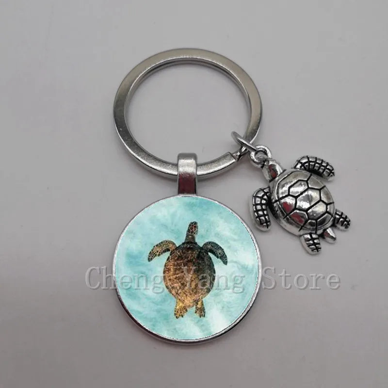 Marine life jewelry turtle dolphin shell keychain key ring glass convex round keychain charm turtle pendant Christmas gift