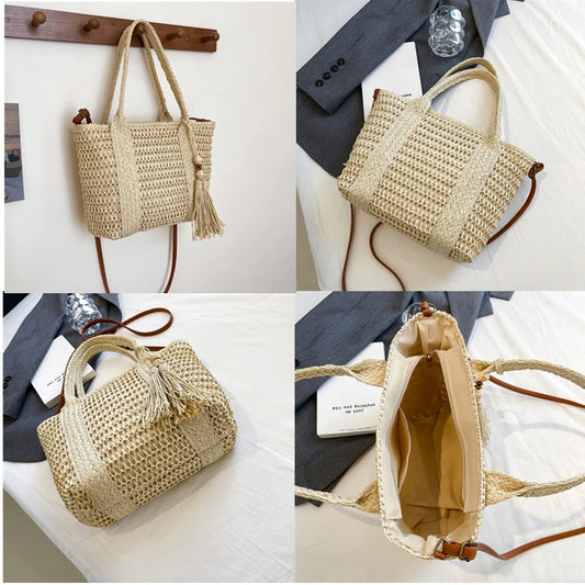 Summer Straw Bag Women Large Capacity  Shoulder Messenger Bags Handmade Woven Handbag Bohemia Vacation Rattan Beach Purse 2024