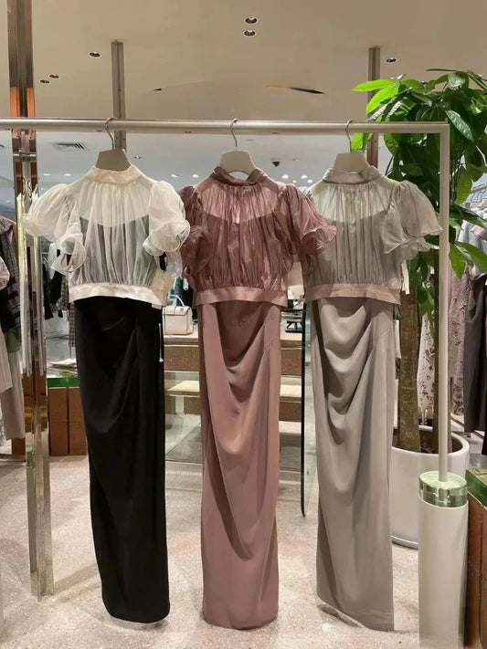 Neploe Ruffled Perspective Top+pleated Slim Waist Strap Dress Japanese 2024 Summer Conjunto Femenino Womens Two Peice Sets