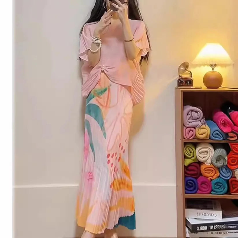 Pink Shirt Half Skirt Set for Women's 2024 Summer New Item, Cool and Zen Style Two-piece Set Miyake Casual Style