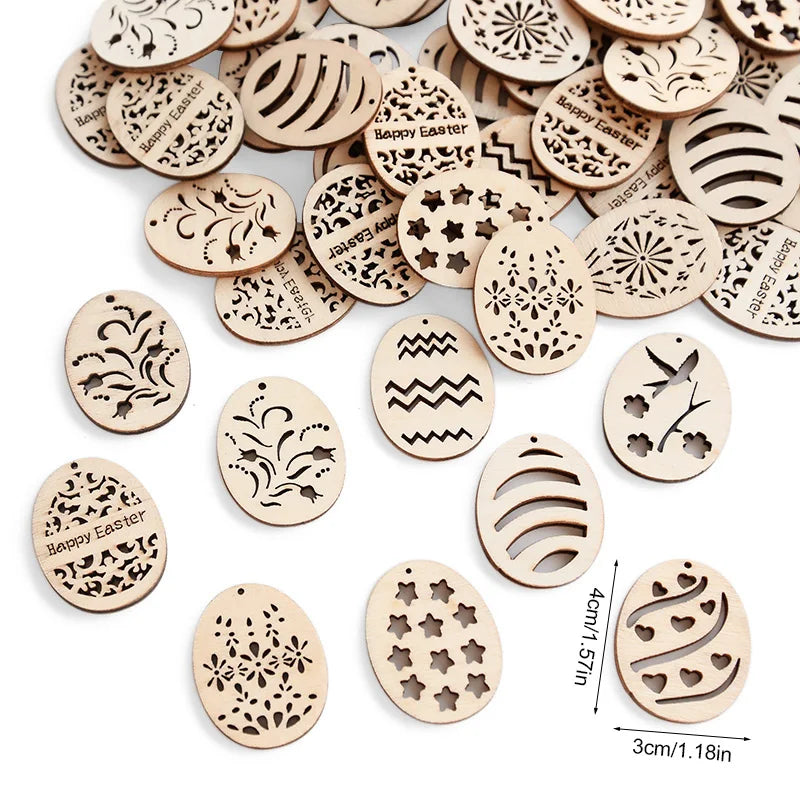 25/50Pcs Easter Eggs Wooden DIY Craft Hanging Ornaments Hollowed Wood Chips Happy Easter Party Decorations For Home Kids Gift