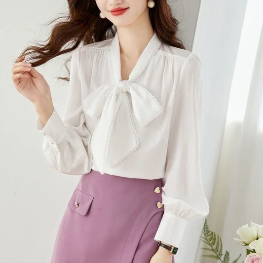 Elegant Bow Chiffon Blouses Office Women Fashion Autumn Winter Blusas Korean Clothing White Black Ladies Puff Sleeve Tops Shirts