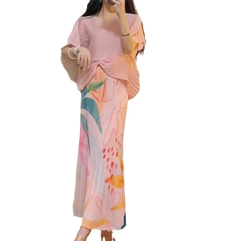Pink Shirt Half Skirt Set for Women's 2024 Summer New Item, Cool and Zen Style Two-piece Set Miyake Casual Style