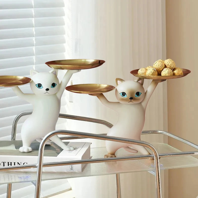 Creative  Cat Tray Resin Statue Bedroom Entrance Home Office Table Desk Decor Key Candy Container Storage Sculpture Figurines