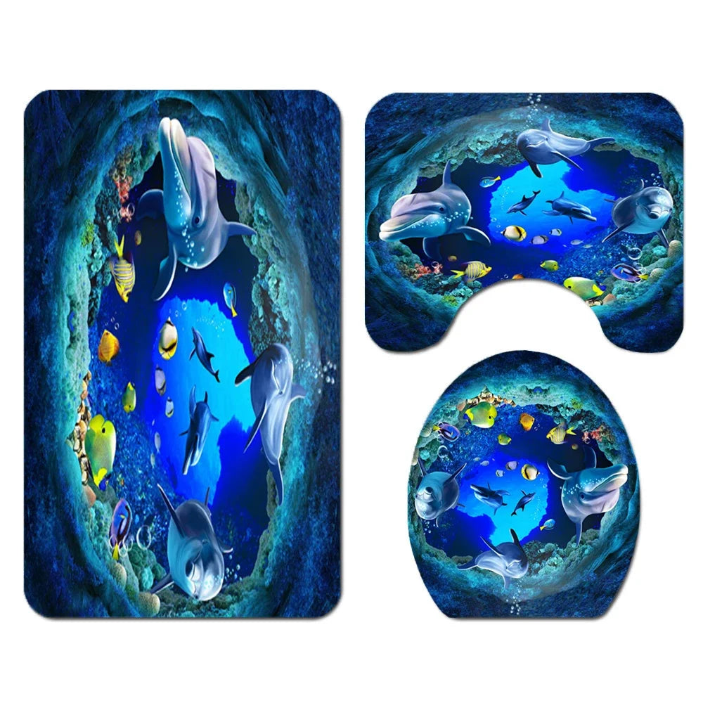 3D Ocean Design Dolphin Waterproof Fabric Bathroom Curtain Blue Shower Curtains Set Anti-skid Rugs Toilet Lid Cover Bath Mat