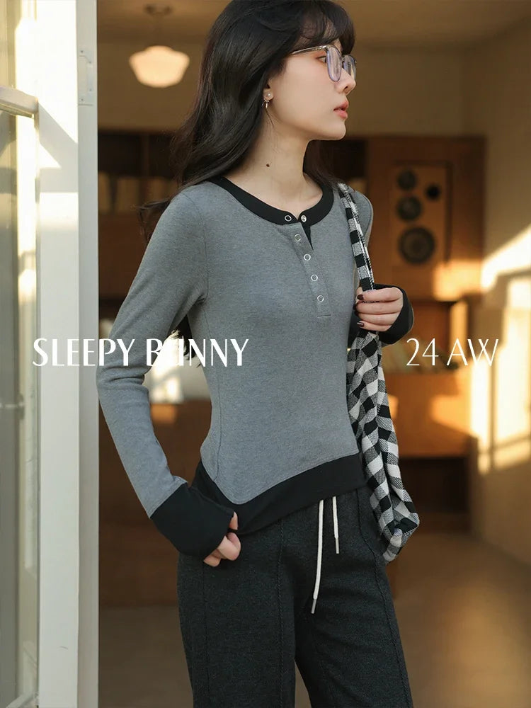 Winter Women Slim Fit Fake Two-Piece Design Long Sleeve T-Shirt Short Cropped Base Top Elegant Petite Style Casual Inner Wear clothes