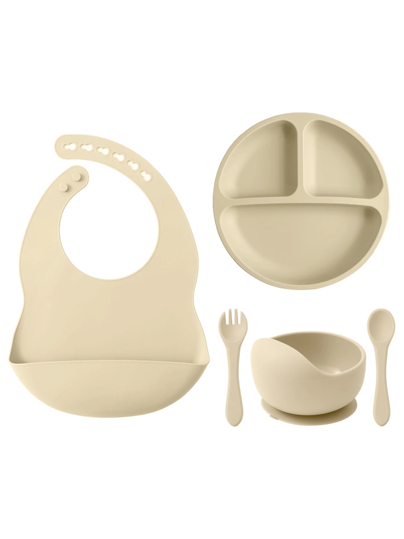 5PCS Baby Silicone Tableware Set Color Contrast Bib Suction Bowl Non-slip Plate Soft Spoon Fork Feeding Training Baby Dinner Set