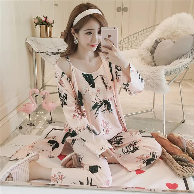 3 Pieces Women Japan Kimono Pajamas Cotton Sleepwear Pijama Soft Home Clothing Floral Printing Sleep Lounge Pyjama Pyjamas Set