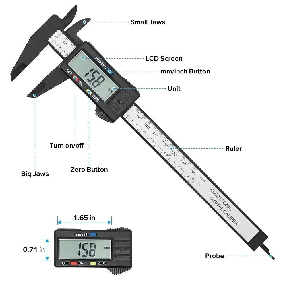 Digitaler Messschieber 150 mm 6 Zoll LCD Elektronisches Carbonfaser-Messgerät Höhenmessgerät Mikrometer