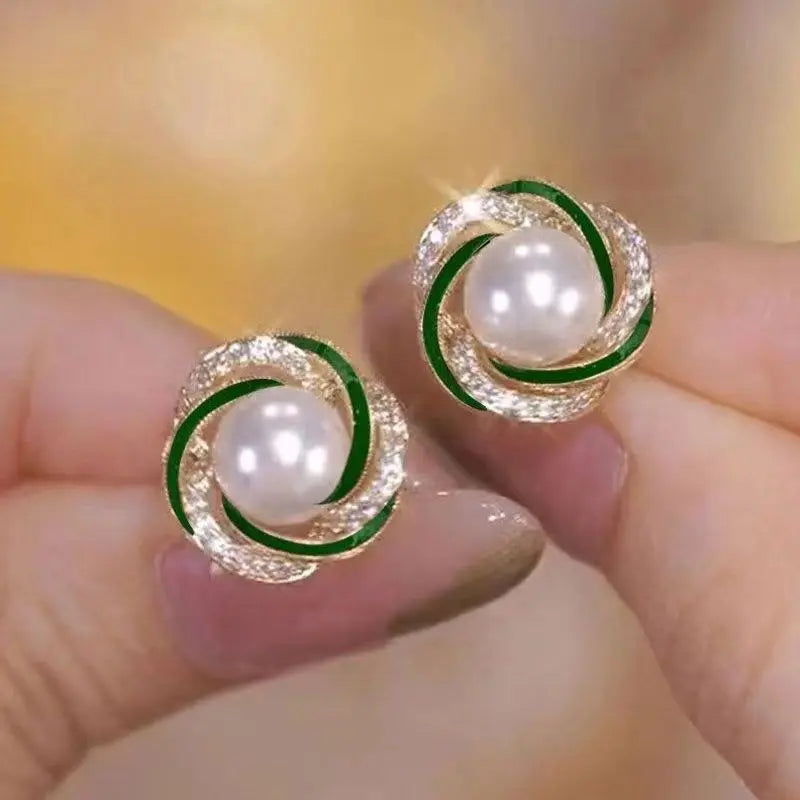 925 Silver Needle Korean Fashion Crystal Pearl Earrings For Women Jewelry 2024 Trending New Red Green White Flower Stud Earrings