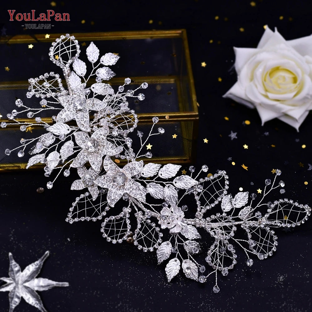 YouLaPan Crystal Bridal Headpiece Alloy Leaf Headband for Brides Wedding Hair Accessories Princess Tiara Pageant Headdress HP272