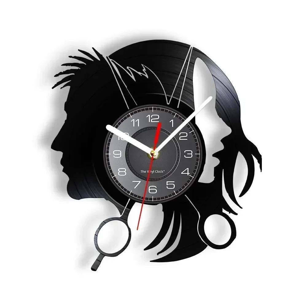 Barber Shop Sign Silent Haircutting Wall Clock Hairdressing Beauty Salon Design Vinyl Record Clock Watch Barber Shop Wall Decor