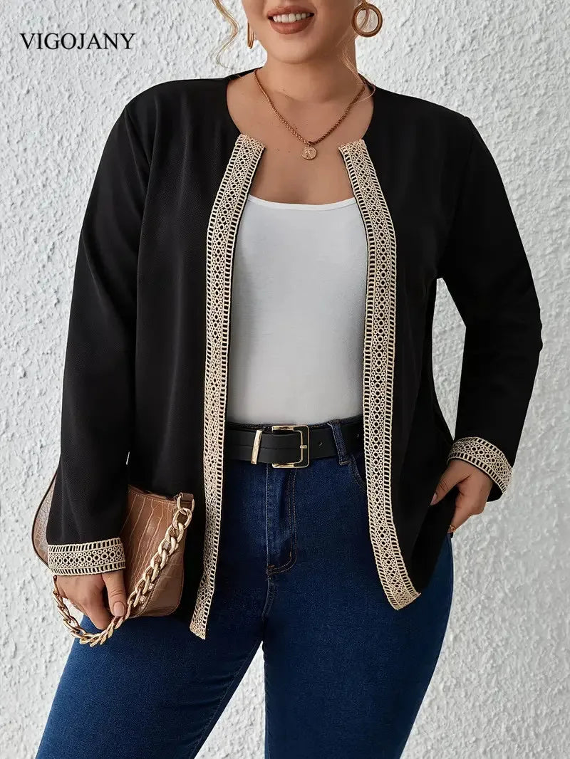 VigoJany 2025 Winter Black Plus Size Coat Women Casual Large Long Sleeve Outwear Ladies Autumn Chubby Open Stitch Curvy Clothes