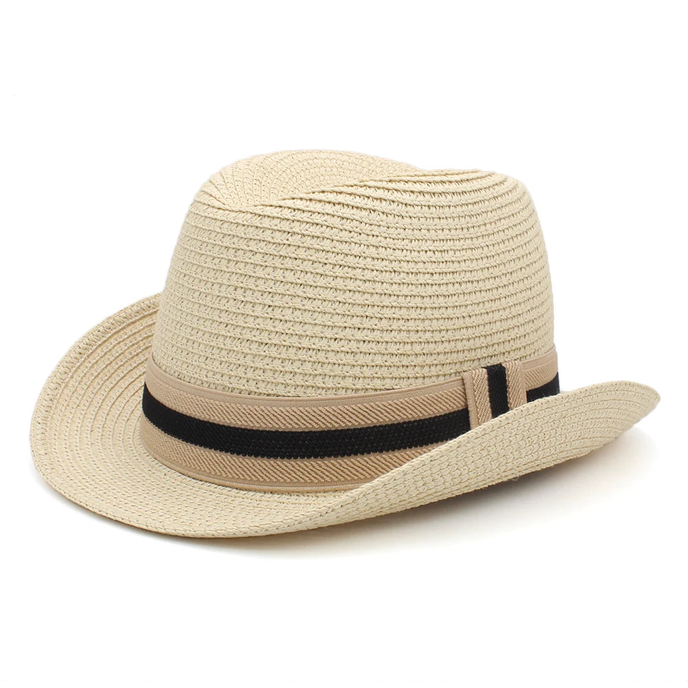 Men Women Summer Solid Straw Homburg Hats Classical Retro Fedora Caps Trilby Sunhat Party Beach Travel Outdoor Adjustable Size