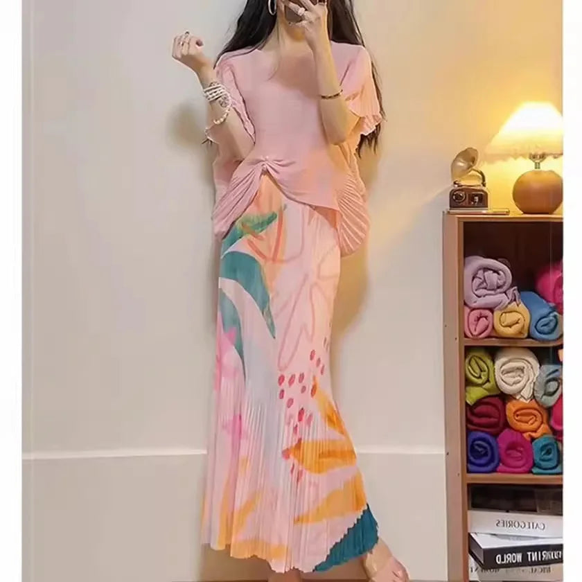 Pink Shirt Half Skirt Set for Women's 2024 Summer New Item, Cool and Zen Style Two-piece Set Miyake Casual Style