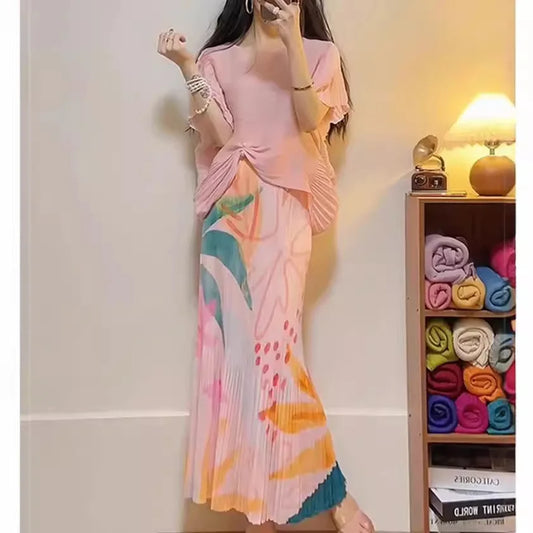 Pink Shirt Half Skirt Set for Women's 2024 Summer New Item, Cool and Zen Style Two-piece Set Miyake Casual Style