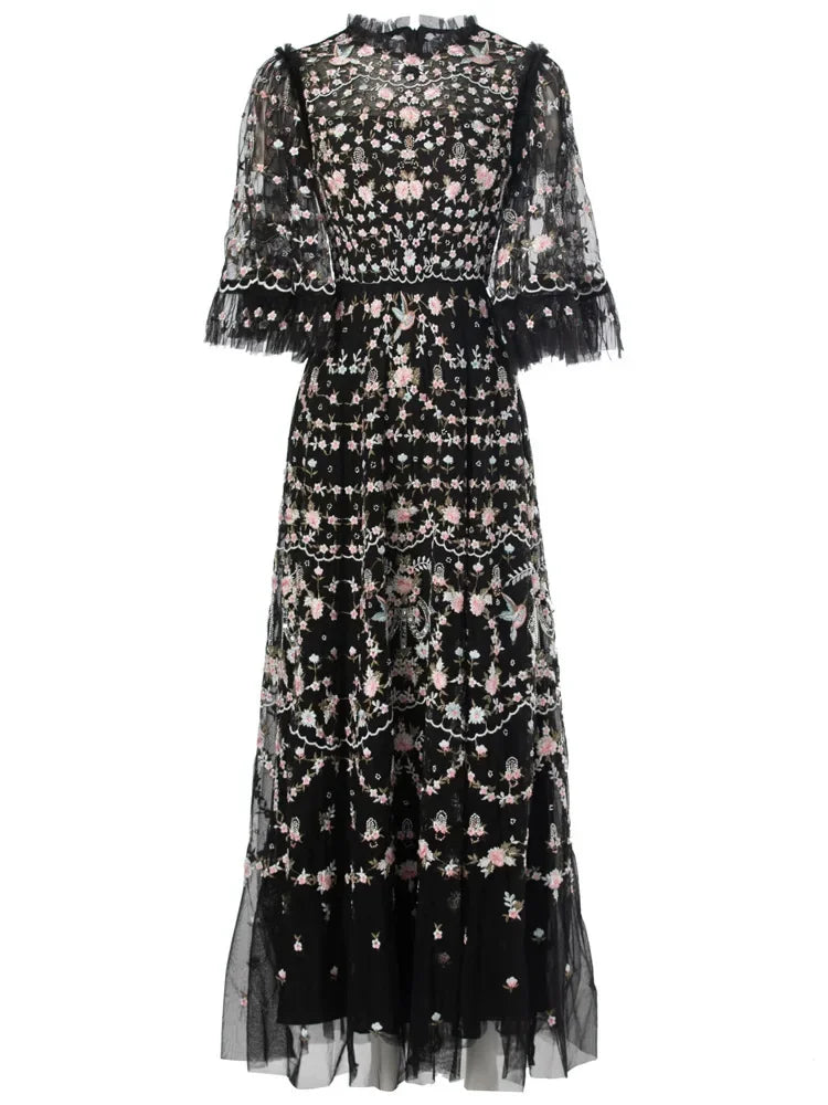 4xl 3xl 2xl Long Evening Dress Women Allover Luxurious Embroidery Flare Sleeve Long Black Grey Apricot Maxi Dress