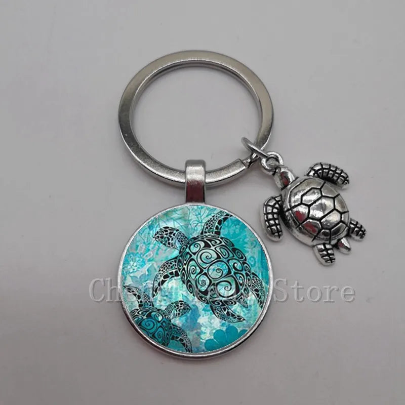 Marine life jewelry turtle dolphin shell keychain key ring glass convex round keychain charm turtle pendant Christmas gift