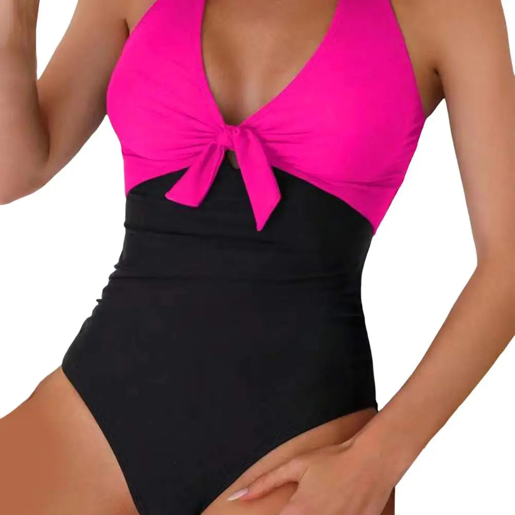 Women Fashion Solid Deep V Neck One Piece Swimsuit Women White Hollow Out Pleate Swimwear Beach Bandage Bathing Suit Monokini