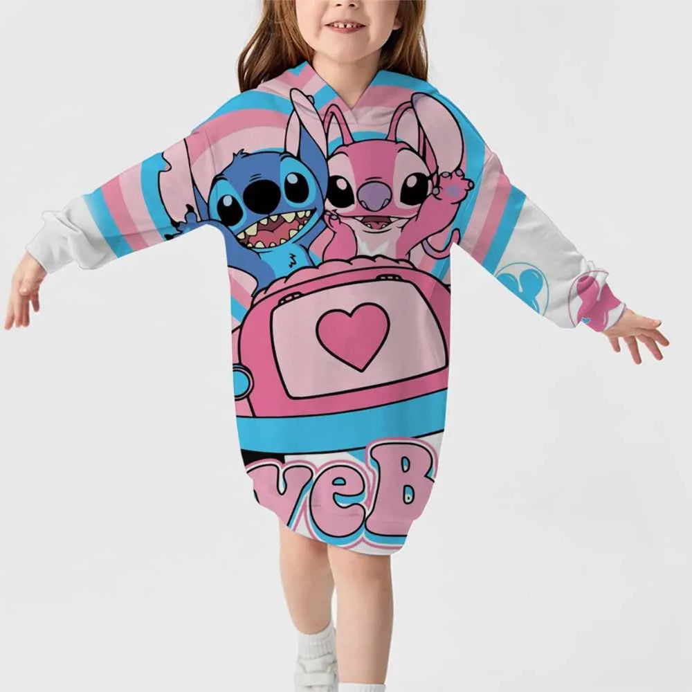 2024 neuer Disney-Stichmuster-Kapuzenrock für Herbst und Winter für Mädchen, süßes, bequemes Langarm-Kapuzenpulloverkleid 