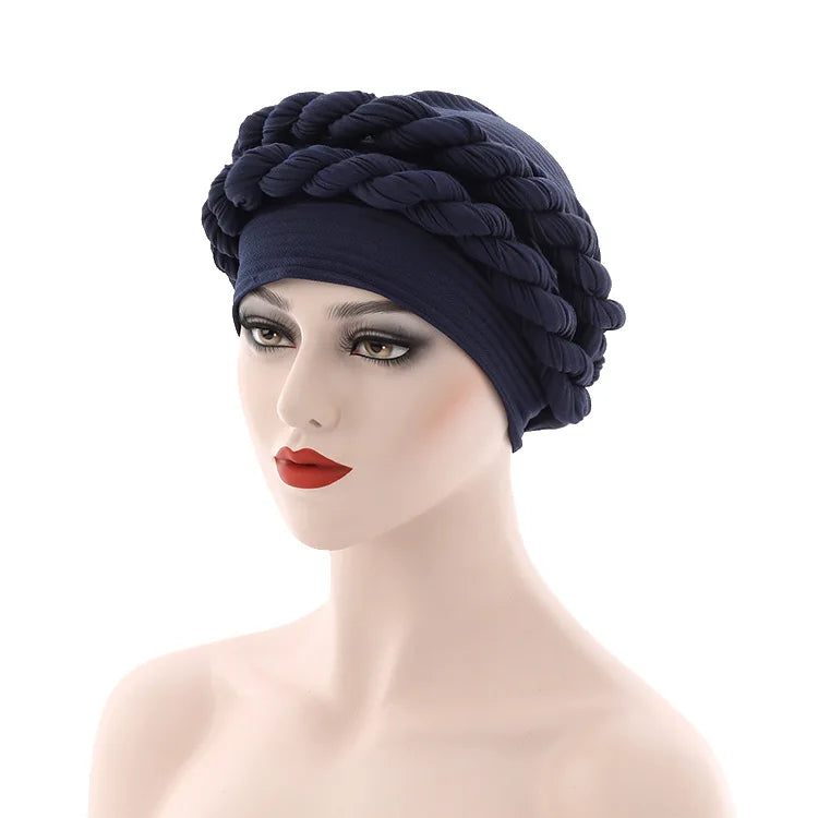 قبعة عمامة مزدوجة الضفائر بلون سادة للنساء، غطاء رأس إسلامي مموج، قبعة مضفرة، غطاء رأس إسلامي للنساء، بونيه، عمامة نسائية 