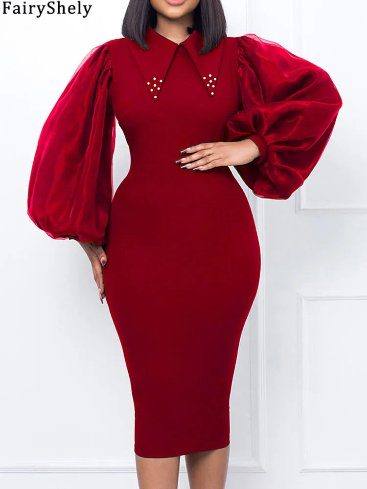 FairyShely 2025 Spring Autumn Solid Plus Size Dress Women Lantern Long Sleeve Large Big Dresses Lady Party Tight Curvy Dress