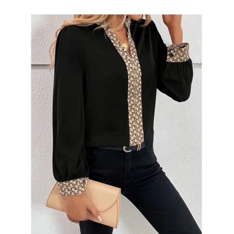 2025 New Chic Women Blouse Fashion Print Long Sleeve Tops V Neck Pulover Elegant Women's Clothing Office Clothes For Ladies Hot