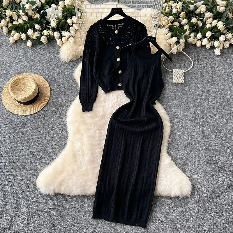 Knited Fall Winter Warm Women 2 Piecce Sets O-neck Single Breasted Cardigan Coats Tops Conjunto Korea Sleeveless Dresses Outfit