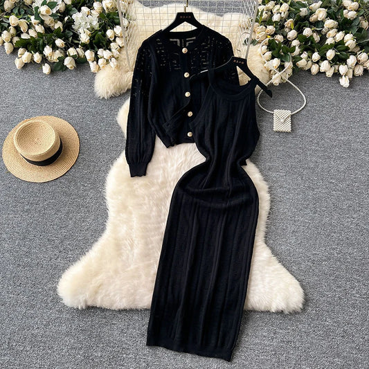 Knited Fall Winter Warm Women 2 Piecce Sets O-neck Single Breasted Cardigan Coats Tops Conjunto Korea Sleeveless Dresses Outfit