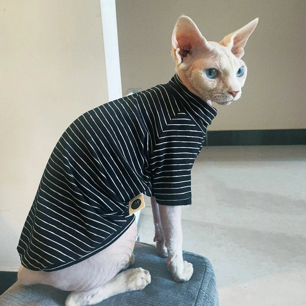 Clothing for Cat Spring Warm Striped Cotton T-Shirt Long Sleeves Coat for Sphynx Soft Green Black Jumpsuit for Kittens in Autumn