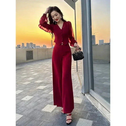 Women's Shirt Lace Top Wide Leg Pants Two-Piece Set 2025 Summer Set Female Elegant Wine Red Black Fashion Ladies Spring Suits