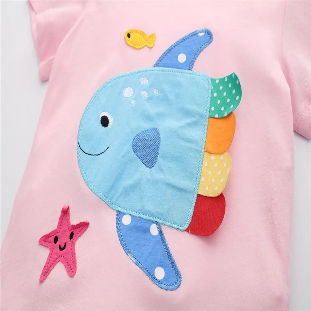 Jumping Meters 2-7T  Animals Embroidery Girls Tees Cotton Summer Toddler Clothes Kids Tops Short Sleeve Baby Children's Tshirts
