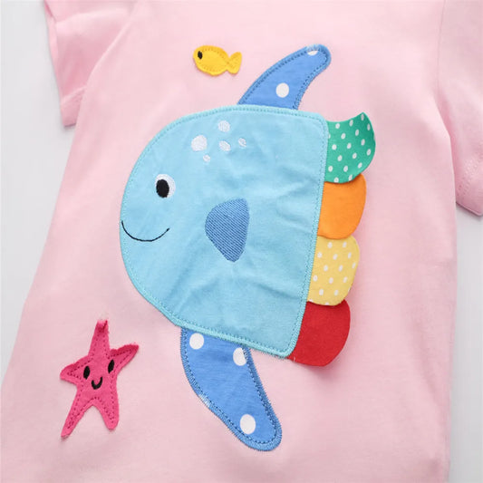Jumping Meters 2-7T  Animals Embroidery Girls Tees Cotton Summer Toddler Clothes Kids Tops Short Sleeve Baby Children's Tshirts