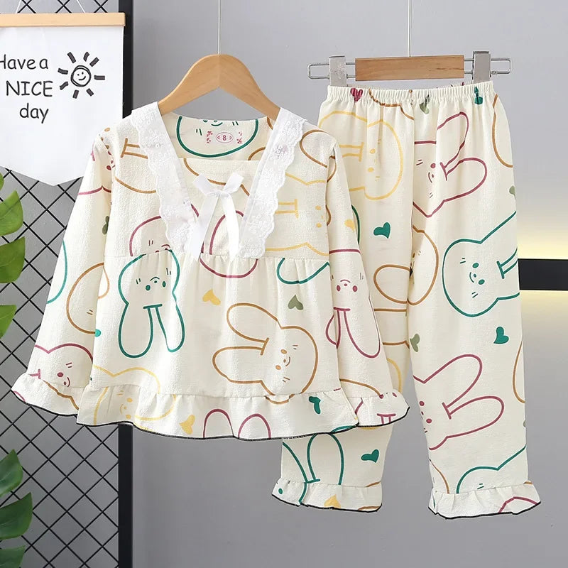 New Girls Cute Bowknot Heart Cartoon Rabbit Pajamas Long Sleeve V-neck Sleepwear Kids Spring Summer Casual Clothing Sets Pyjamas