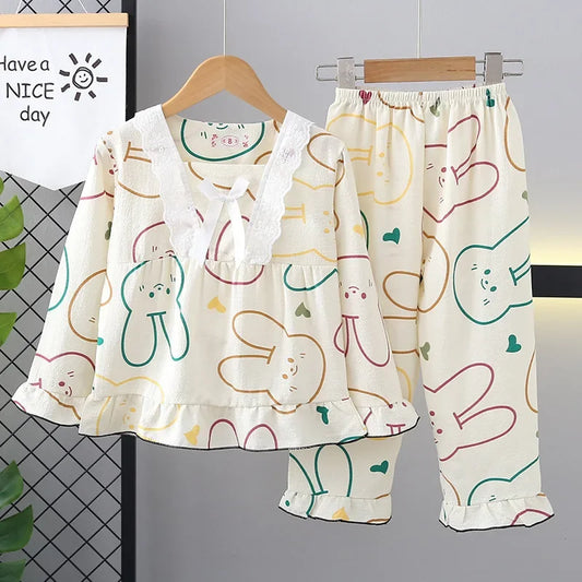 New Girls Cute Bowknot Heart Cartoon Rabbit Pajamas Long Sleeve V-neck Sleepwear Kids Spring Summer Casual Clothing Sets Pyjamas