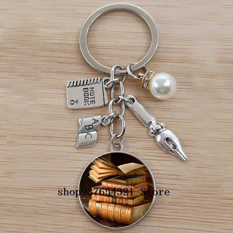 Classic Library Books Keychain Vintage Old Books Key Chain Librarians Key Ring Gift for Nerd Bookworm Writer Teacher