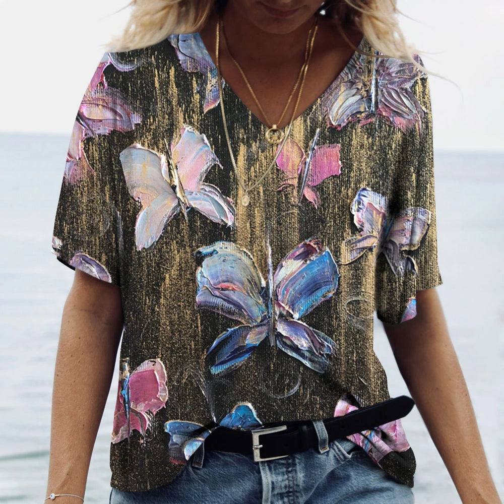 Butterfly Printed Women's T-Shirt clothes 3D V-Neck Cotton Fashion Short Sleeve Tops 2025 Casual Basic Girl's Clothing Harajuku Clothes