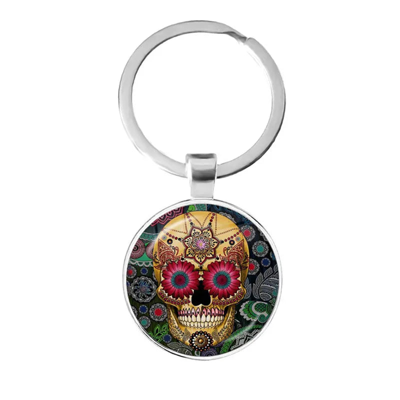 Fashion Colorful Sugar Skull Keychain Mexico Folk Art Patterns Glass Pendant Key Chain Jewelry Holiday Gift