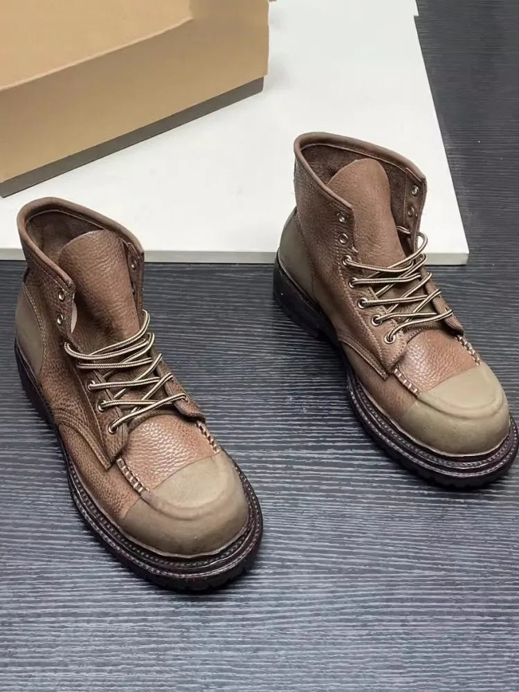 Vintage Mens Cow Genuine Leather Boots Lace Up Cargo High Top Shoes Spliced Personality High Street Mens Motorcycle Short Boots