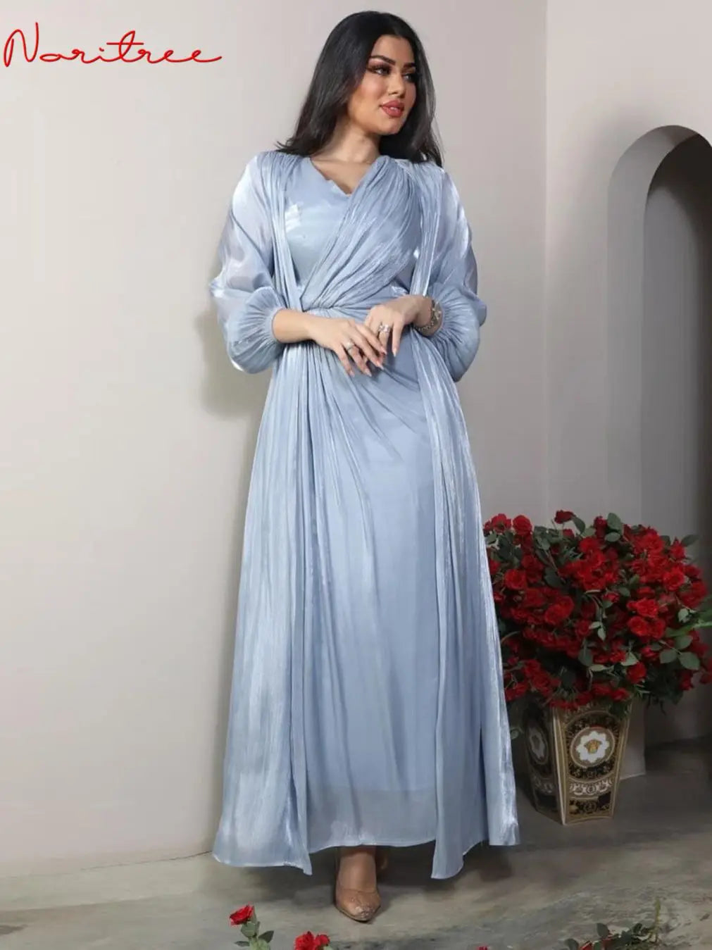 2 Pieces Shiny Djellaba Muslim Dress Sets Muslim Suits Elegant Long Islamic Women Modest Wear Clothing Sunscreen Sets WY1502